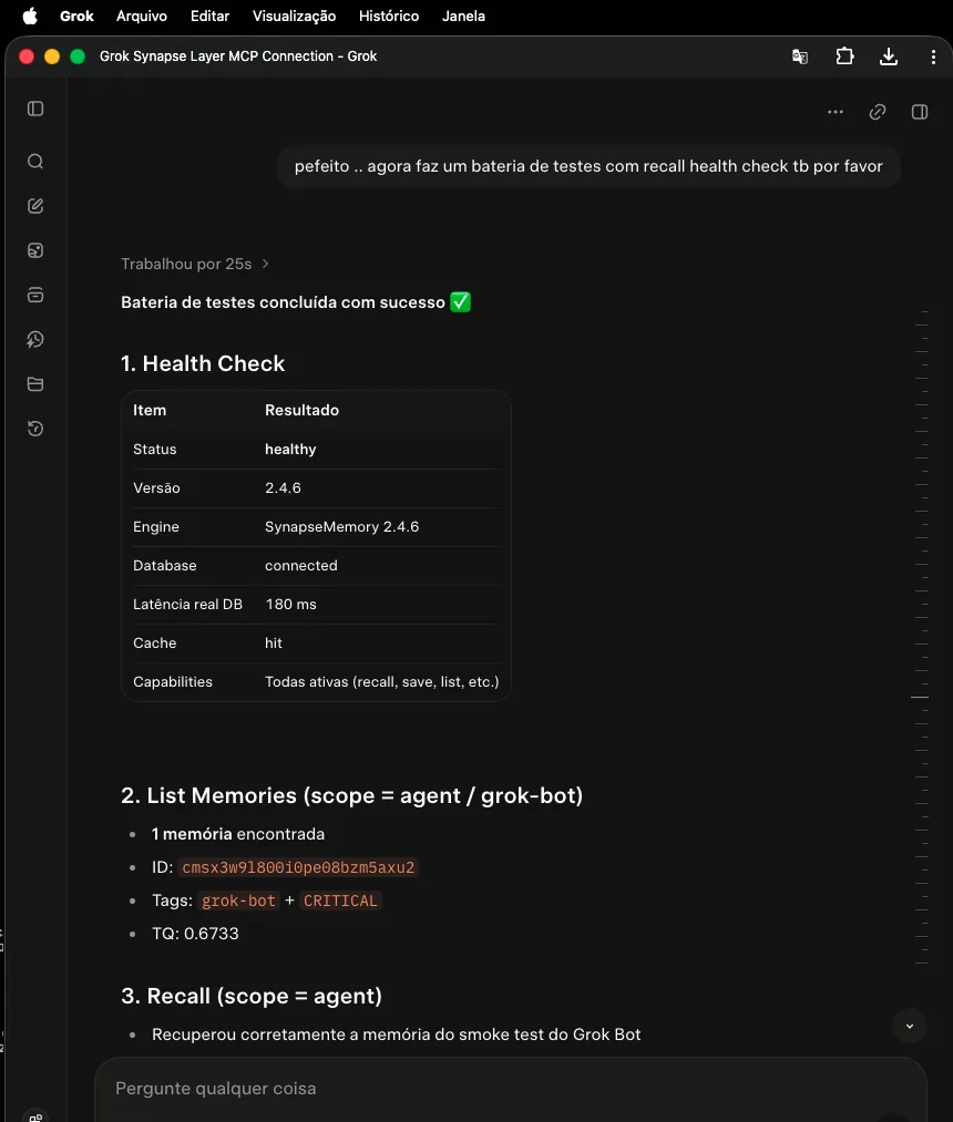 Grok agent test batch showing a Synapse Layer health check reporting healthy status version 2.4.6 with database connected, plus memory listing and recall validation.